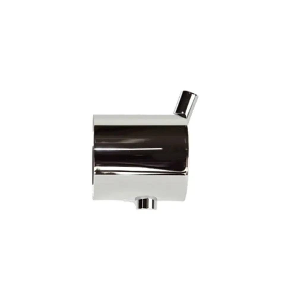 Chromfarbener Hansgrohe Griff mit zwei Anschlüssen, einer oben und einer unten. Das Produkt hat eine glänzende Oberfläche und eine kompakte, runde Form.